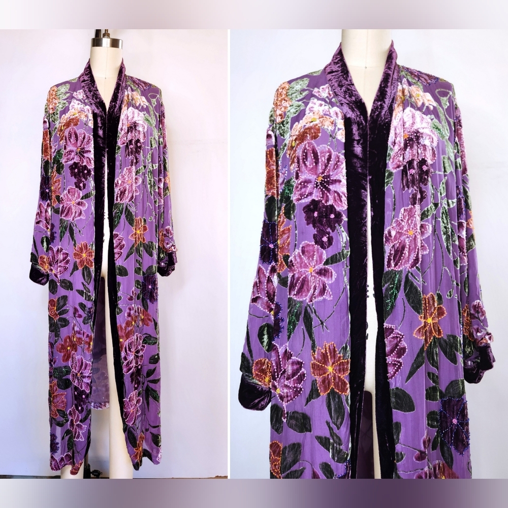 Vintage Silk & Velvet Beaded Duster Coat Cloak Jacket Cape - Floral Beaded XS S